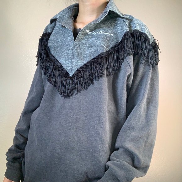 Vintage Patchwork Fringe Sweatshirt - Picture 2 of 5